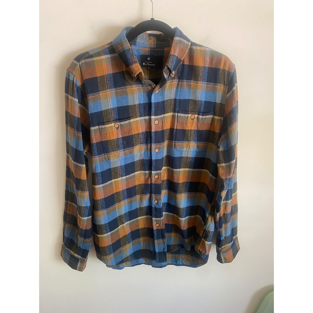 Ben Sherman Mens Plaid Flannel‎ Button Down Shirt Blue Orange Brown Size M